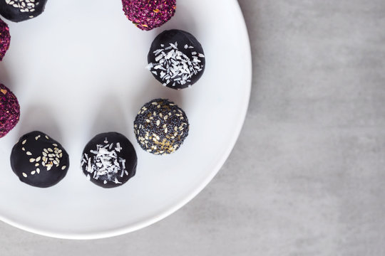 Fitness energy bites, raw chocolate truffles from above