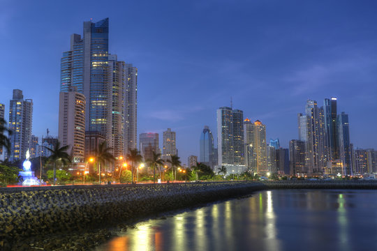 Panama City Skyline And Bay Of Panama, Central America In The Twilight