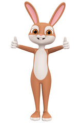 Happy Easter bunny brown isolated on white background showing two thumbs up. 3d render illustration.