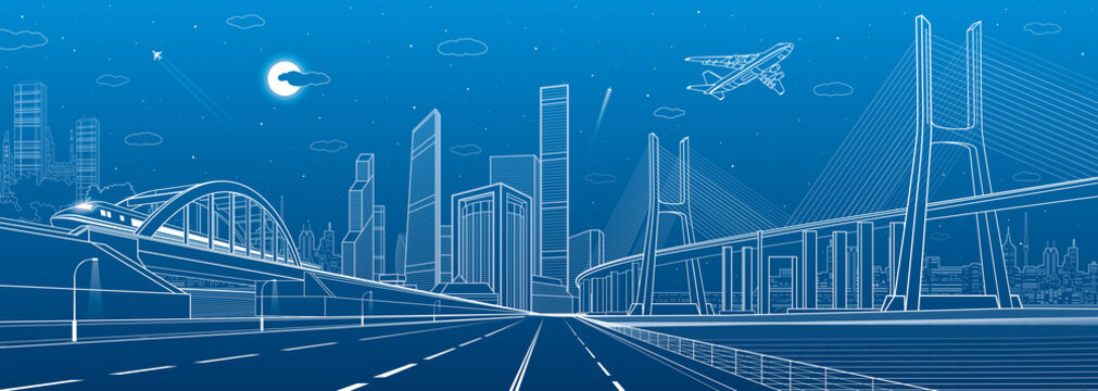Infrastructure illustration. Large cable-stayed bridge. Train move on the bridge. Airplane fly. Night modern city on background, towers and skyscrapers, vector design art 