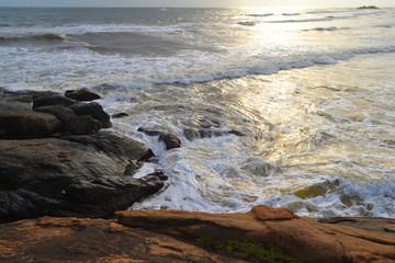 Rock coast. Big indian ocean waves. Sri Lanka
