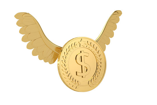 Gold coin with gold wings flying coin.3D illustration.