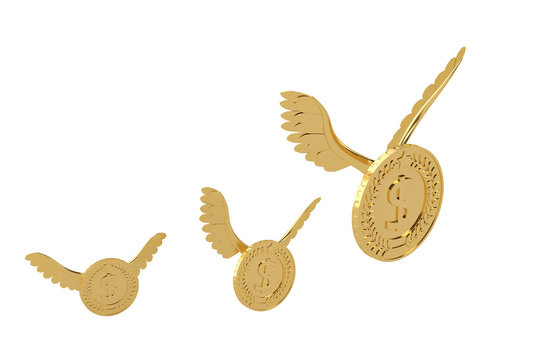 Gold coin with gold wings flying coin.3D illustration.