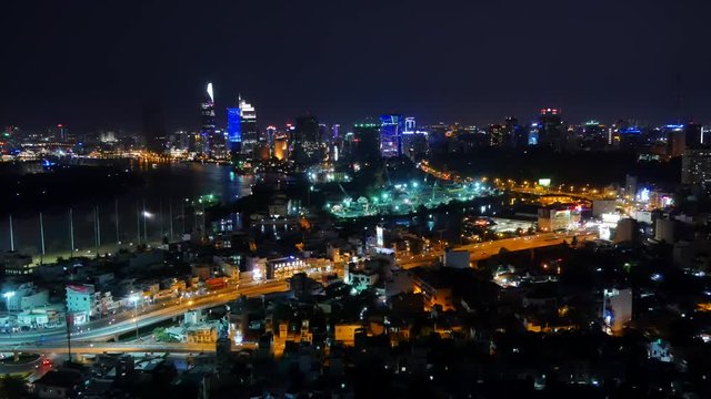 HO CHI MINH, VIETNAM - MARCH 12 2016: Aerial view city in night from a building in center Ho Chi Minh city