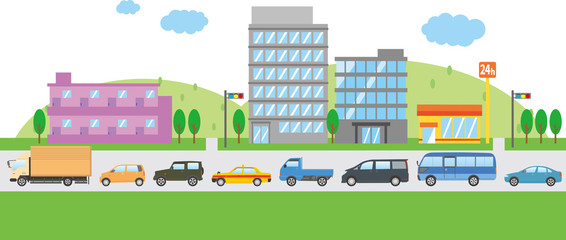 渋滞　街並み　イラスト