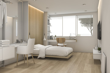 Naklejka na ściany i meble 3d rendering white bedroom with make up table near walk in closet