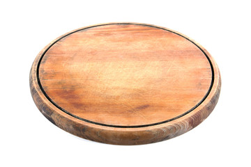 Round wooden cutting board isolated on white background.Round wooden chopping board isolated