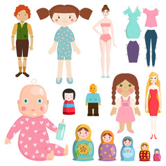 Set icons small girls dolls playing with toys character vector illustration.