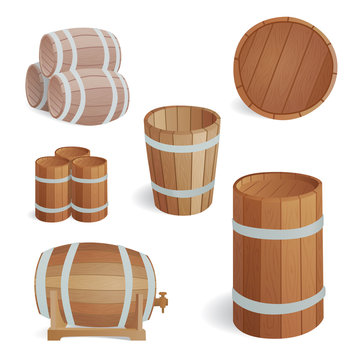 Wooden barrel vintage old style oak storage container and brown isolated retro liquid beverage object fermenting distillery cargo drum lager vector illustration.