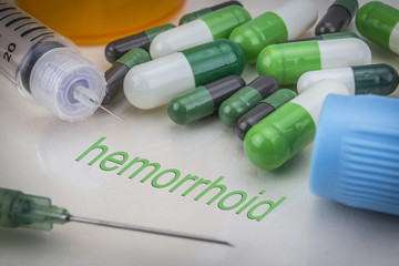 Hemorrhoid, medicines and syringes as concept of ordinary treatment health