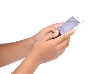 Hand holding blank mobile smartphone on white background
