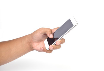 Hand holding blank mobile smartphone on white background