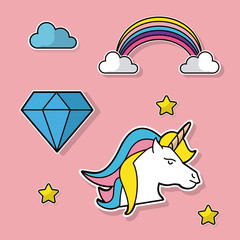 fantasy unicorn rainbow diamond cloud star vector illustration