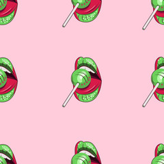 Pattern lips with Lollipop. For textile or paper products.