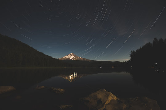 Star Trails Over Mount Hood in Oregon (Trillium Lake)