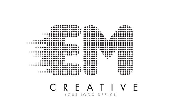 EM E M Letter Logo with Black Dots and Trails.