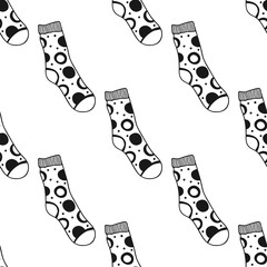 Decorative doodle socks. Black and white seamless pattern for coloring book, pages