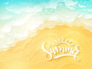 vector hand lettering summer inspirational label - summer - on top view sea surf background - 145870175