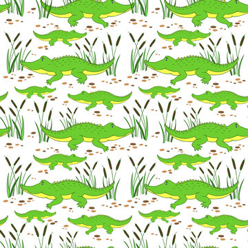Cute cartoon little crocodile in reed isolated on white background, Vector doodle Illustration alligator, wild animal, Seamless pattern, texture design for baby shower, greeting card, children invite