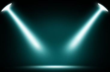 Two spotlight blue stage disco background.