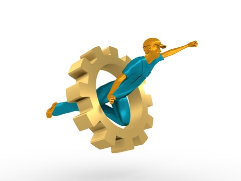 Illustration of a flying super hero worker in a winning pose. Young man and gear. 3D rendering. Metallic material.