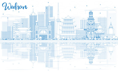Outline Wuhan Skyline with Blue Buildings and Reflections.