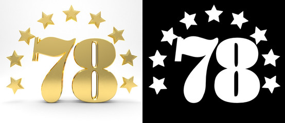 Golden number seventy eight on white background with drop shadow and alpha channel , decorated with a circle of stars. 3D illustration