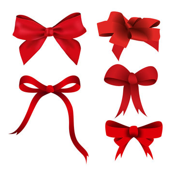 A set of red bows, for gifts and decoration of holiday brochures, advertising banners. Vector illustration.