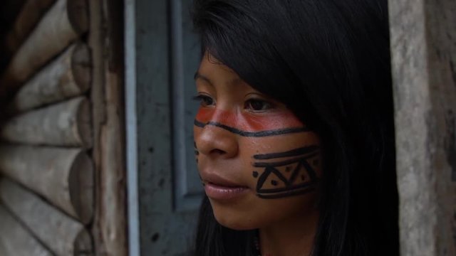 Native Brazilian Girl in a Tupi Guarani Tribe, Brazil