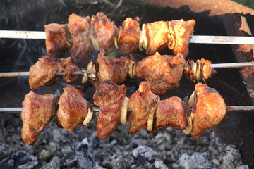 Tasty pork barbecue outdoors on ashes