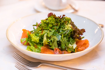 salad with salmon and green. Natural foods and healthy eating