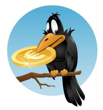 Crow holds euro symbol. Cartoon styled vector illustration. Elements is grouped for easy edit.