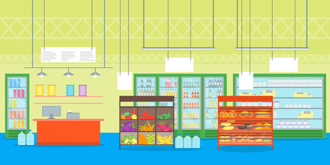 Cartoon Interior Super Market or Shop with Furniture. Vector