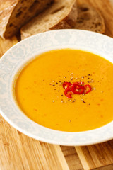 Lentil and red bell pepper soup with coconut milk
