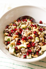 Pearl barley and chicken salad with pomegranate seeds