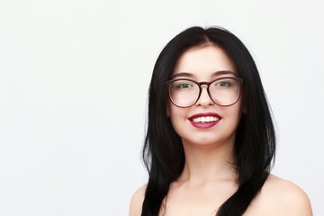 woman in glasses,woman on a white background
