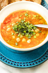 Turku pea and lentil soup vegetables in white bowl