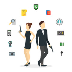 Cartoon Spy Couple and Icons Set. Vector