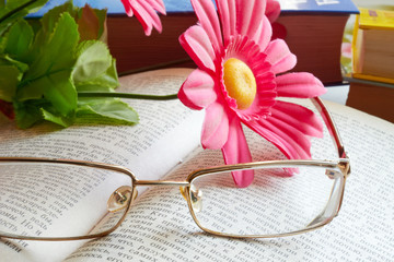 Glasses and flower lie on a book