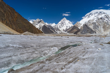 Fototapeta premium River curve of Vigne glacier in front of K2 and Broadpeak mountain, K2 trek, Pakistan