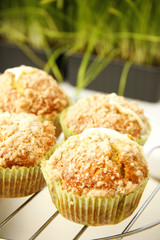 Pumpkin muffins with fresh cheese filling in kitchen