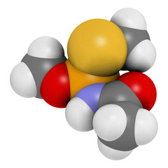 Acephate insecticide molecule. 3D rendering. Atoms are represented as spheres with conventional color coding.