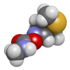 Aldicarb pesticide molecule. 3D rendering. Atoms are represented as spheres with conventional color coding: hydrogen (white), carbon (grey), oxygen (red), nitrogen (blue), sulfur (yellow).
