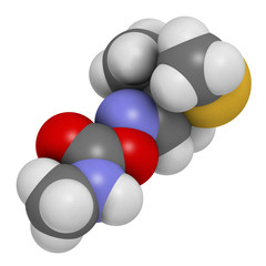 Aldicarb pesticide molecule. 3D rendering. Atoms are represented as spheres with conventional color coding: hydrogen (white), carbon (grey), oxygen (red), nitrogen (blue), sulfur (yellow).