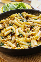 Penne with sun dried tomatoes, chicken and spinach
