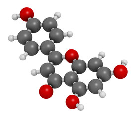 Apigenin yellow herbal dye molecule. 3D rendering. Atoms are represented as spheres with conventional color coding: hydrogen (white), carbon (grey), oxygen (red).