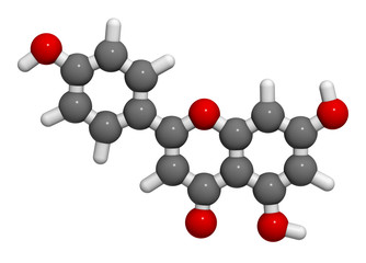 Apigenin yellow herbal dye molecule. 3D rendering. Atoms are represented as spheres with conventional color coding: hydrogen (white), carbon (grey), oxygen (red).