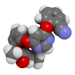 Azoxystrobin fungicide molecule. 3D rendering. Atoms are represented as spheres with conventional color coding: hydrogen (white), carbon (grey), nitrogen (blue), oxygen (red).