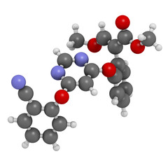 Azoxystrobin fungicide molecule. 3D rendering. Atoms are represented as spheres with conventional color coding: hydrogen (white), carbon (grey), nitrogen (blue), oxygen (red).