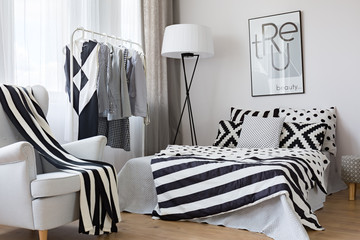 Black and white accents in bedroom